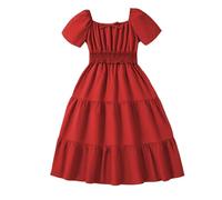 E Girl Anillos Vestido de Niños Medianos y Grandes Cuello Cuadrado Manga Corta Cintura A Falda Línea Casual Vestido de Ballet Niñas, rojo, 8-9 años