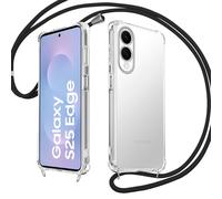 E-Lush Funda Samsung Galaxy S25 Edge con Cuerda, Transparente Silicona Carcasa con Colgante para Samsung S25 Edge, Suave TPU Gel Antigolpes Case con Ajustable Correa Collar Protector Case, Nero