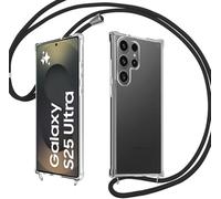 E-Lush Funda Samsung Galaxy S25 Ultra con Cuerda, Transparente Silicona Carcasa con Colgante para Samsung S25 Ultra, Suave TPU Gel Antigolpes Case con Ajustable Correa Collar Protector Case, Nero