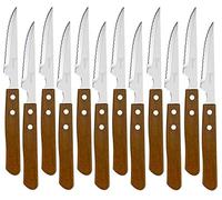e!Orion Juego de 12 Cuchillos chuletero de Mesa con Mango de Madera Natural, Cuchillo de Carne Acero Inoxidable - Hoja de Microdentado