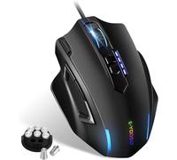 E-Yooso MMO Ratón óptico con cable, 12400 DPI, 11 teclas programables con 5 botones laterales, botón de disparo rápido, forma ergonómica, iluminación RGB, peso ajustable