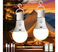 E27 Bombilla Recargable USB con Mando, Bombilla Inalámbrica sin Electricidad Punto 7W 3 Color LED Regulable con Batería Lampara Control Táctil Con Temporizador, Luz de Emergencia Acampar, 2 Piezas