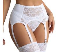 Eagerlove Cinturón Ligero de Encaje Floral para Mujer Día de San Valentín Tirantes de Cintura Alta con 6 Correas y Clips de Metal para Medias hasta el Muslo Blanco XL