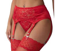 Eagerlove Cinturón Ligero de Encaje Floral para Mujer Día de San Valentín Tirantes de Cintura Alta con 6 Correas y Clips de Metal para Medias hasta el Muslo Rojo XXL