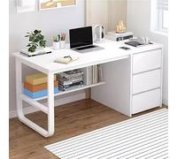 Eagleize Escritorio para computadora con cajones y estantes de almacenamiento, moderno escritorio de oficina en casa, escritorios de estudio, escritorios de esquina de madera con base de metal (blanco