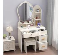 Eagleize Juego de tocador grande con espejo, tocador de maquillaje con estantes de almacenamiento y 4 cajones, taburete acolchado para dormitorio de niñas y mujeres (blanco, 27.5 pulgadas de largo x