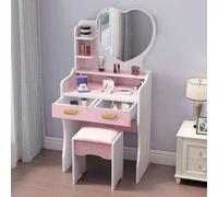 Eagleize Juego de tocador grande con espejo, tocador de maquillaje con estantes de almacenamiento y 4 cajones, taburete acolchado para dormitorio de niñas y mujeres (rosa, 23.6 pulgadas de largo x