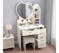 Eagleize Juego de tocador grande con espejo, tocador de maquillaje con estantes de almacenamiento y 4 cajones, taburete acolchado para dormitorio de niñas y mujeres (blanco, 27.5 pulgadas de largo x