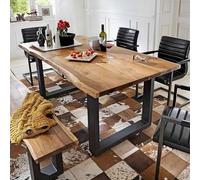 Eagleize Mesa de comedor industrial de madera maciza, mesa de cocina rectangular con base de metal, mesas de comedor largas para 4-8 personas, color marrón (55.1 pulgadas de largo x 23.6 pulgadas de