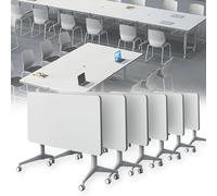 Eagleize Mesa de conferencias plegable, mesa de entrenamiento móvil con ruedas, mesas de reunión con tapa abatible blanca, mesas de reunión rectangulares para seminarios de oficina y aula (paquete de