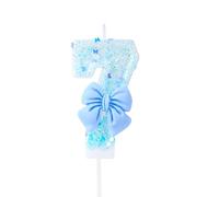 EAKE Vela de cumpleaños número 7 con lentejuelas azules y pajarita, decoración de pastel azul 7 para niñas, fiesta de cumpleaños temática dulce pastel o adultos
