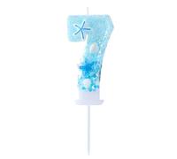 EAKE Vela número 7 con temática oceánica, purpurina azul con decoración de conchas marinas y estrellas de mar, perfecta para niños y niñas de 7 años, playa, fiestas de cumpleaños, decoración de tartas