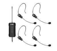 ealsem ES-384 UHF 4-CH Sistema de micrófono inalámbrico de mano/solapa/auriculares, rango de 180 pies, receptor recargable, Plug and Play para karaoke, eventos en vivo (auriculares de 4 canales)