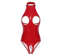 Eandarui Body con aberturas, entrepierna abierta, cuero húmedo, para mujer, sin busto, traje tipo gata, cuello halter, stringbody, corte alto, leotardo, traje de baño erótico, ropa para dormir, rojo