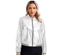 Eandarui Chaqueta holográfica para mujer, chaqueta bomber metálica, brillante, manga larga, chaqueta de béisbol con cremallera, disfraz de discoteca, plata, M