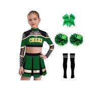 Eandarui Cheer Leader Disfraz infantil de manga larga para bailar, camiseta sin vientre, con falda plisada, pompones, rayas, medias brillantes, vestido de baile, uniforme escolar, color verde, 158-164