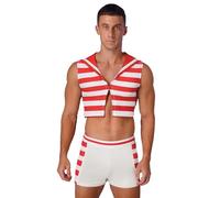 Eandarui Disfraz de marinero para hombre, a rayas, parte superior con solapa + calzoncillos elásticos, pantalones calientes, disfraz de capitán, para carnaval, fiesta temática, rojo, XL