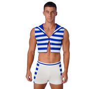 Eandarui Disfraz de marinero para hombre, a rayas, parte superior con solapa + calzoncillos elásticos, pantalones calientes, disfraz de capitán para carnaval, fiesta temática, azul, L