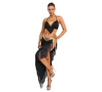 Eandarui Disfraz de princesa árabe para mujer, bailarina del vientre, con flecos, borlas, sujetador de danza, top dorado, borla, falda, disfraz de indio, negro, M