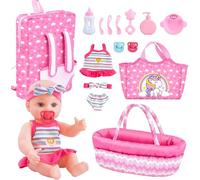 eAO Juego de Juguetes de 30cm Muñeca Bebé con Cuna Portátil, Ropa y Bolso