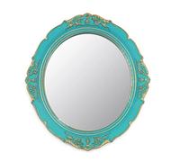 Eaoundm Espejo de pared decorativo de 13.1 x 14.8 pulgadas, espejos colgantes vintage para dormitorio, sala de estar, tocador, decoración ovalada, marco de plástico azul