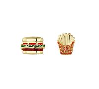 EARCANDY Pendientes Asimétricos Fast Food en Plata de Ley 925 con Baño de Oro Amarillo 18k, Cierre Presión, Diseño hamburguesa y patatas, Circonitas Rojas, Joyas para Mujer
