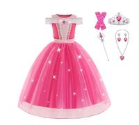 EARJIA Disfraz de princesa La Bella Durmiente para niña, disfraz de Aurora rosa para niña, con accesorios, para Halloween, cosplay, fiesta de carnaval