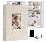 EARLY MINDS Álbum de fotos de bebé de 10 x 15 cm, 300 bolsillos, con área de notas y kit de huellas de manos y pies, cubierta de lino, libro de recuerdos con ventana frontal, sin ácidos, para recién