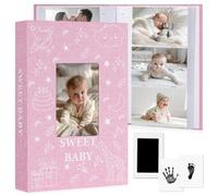 EARLY MINDS Álbum de fotos de bebé de 10 x 15 cm, 300 bolsillos, tapa dura de lino, álbum de inserción con ventana frontal, área de notas, kit de huellas de manos y pies, libro de recuerdos sin ácidos