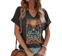 Earlymemb Camiseta de manga corta con cuello en V para mujer, estilo bohemio, floral, con estampado de flores silvestres, casual, estilo campestre, A-gris-3, XL