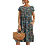 Earnmore Vestido de Verano para Mujer - Cuello Redondo, Manga Corta, Casual, Elegante, Boho - Lino, Largo hasta la Rodilla, Ideal para Playa