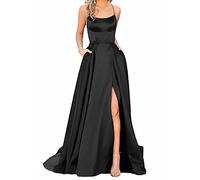 Vestido Largo para Mujer, Elegante, sin Espalda, Corte en A, Corte Cruzado, satén, para Fiestas, Bailes, Bodas, Fiestas de Noche, con Bolsillos