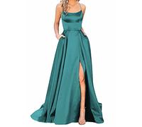 Earnmore Vestido Largo para Mujer, Elegante, sin Espalda, Corte en A, Corte Cruzado, satén, para Fiestas, Bailes, Bodas, Fiestas de Noche, con Bolsillos