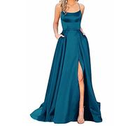 Earnmore Vestido Largo para Mujer, Elegante, sin Espalda, Corte en A, Corte Cruzado, satén, para Fiestas, Bailes, Bodas, Fiestas de Noche, con Bolsillos
