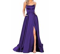 Earnmore Vestido Largo para Mujer, Elegante, sin Espalda, Corte en A, Corte Cruzado, satén, para Fiestas, Bailes, Bodas, Fiestas de Noche, con Bolsillos