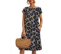 Earnmore Vestidos de Mujer de Verano Cuello Redondo de Manga Corta Vestidos Casual Vestido de Lino Elegante Vestido Boho Vestidos de Rodilla Largos Vestido de Playa