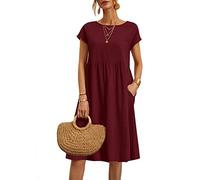 Earnmore Vestidos de Mujer de Verano Cuello Redondo de Manga Corta Vestidos Casual Vestido de Lino Elegante Vestido Boho Vestidos de Rodilla Largos Vestido de Playa