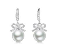 Earrings For Women, Pendientes de aro de plata chapados en plata perla dulce lazo con perlas 34 x 12 mm para mujer joyas de cumpleaños