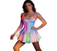 Earthradius Vestido de corsé iluminado para mujer, mini vestido acampanado arcoíris con correas de diamantes de imitación, ropa de club de satén para rave (blanco, XL)