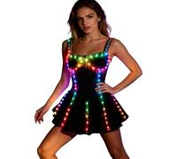 Earthradius Vestido de corsé iluminado para mujer, mini vestido acampanado arcoíris con correas de diamantes de imitación, ropa de club ajustado de satén para rave (negro, talla S)