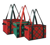 Earthwise Juego de 3 cajas de compras plegables y reutilizables, con parte inferior reforzada, diseño de cuadros, vacaciones, Navidad, cubos de almacenamiento (día festivo)