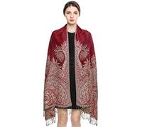 EASE LEAP Elegante Bufanda Estampada para Mujer Lujoso Chal Cálido con Borla Suave Pashmina Estilo Paisley Étnico Uso en Otoño Invierno 200 * 70cm/(4-Rojo)