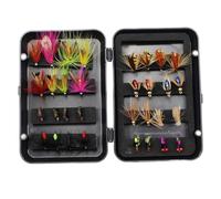 EaseSunny Kit de moscas de pesca con mosca con patrones secos, húmedos y ninfas para lubina, trucha, salmón, caja de aparejos para todas las estaciones