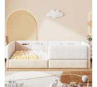 Easexcy 90 x 200 cm, cama con plataforma acolchada, con rejilla protectora y bolsa de almacenamiento, con somier, color blanco, MDF + terciopelo + PU, sin colchón