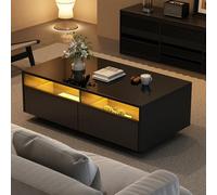 Easexcy 94 x 50 x 34 cm, color negro brillante, mesa de café de cristal templado con 2 cajones, mesa de almacenamiento con puerta de vitrina para sala de estar