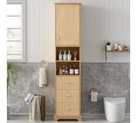 Easexcy Armario de baño de 40 x 30 x 172 cm, diseño de rayas verticales, tres cajones, un cuerpo, dos estantes abiertos, estantes ajustables, color madera natural.
