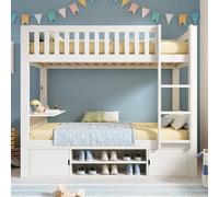 Easexcy Cama alta infantil blanca de 90 × 200 cm con tablero plegable y zapatero integrado, somier de láminas, solución todo en uno que ahorra espacio, sin colchón (White-3)