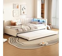 Easexcy Cama de día, 90 x 200 cm, cama de día, compartimento de almacenamiento en la cama, USB + tipo C, mando a distancia para luz ambiental LED, con cama extraíble, lino, sin colchón (beis, 90 x 200