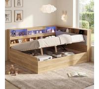 Easexcy Cama de día con almacenamiento hidráulico, cama doble, cama de madera, con estación de carga USB e iluminación LED, color natural (140 x 200 cm (dimensiones interiores)