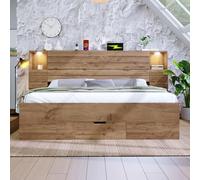 Easexcy Cama de madera para cama de matrimonio de 180 x 200 cm, mesitas de noche flotantes, espacio bajo la cama con cajones, imitación de roble, sin colchón